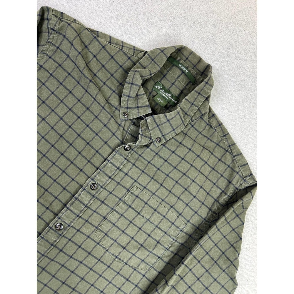 Eddie Bauer Mens XL Green Check Cotton Relaxed Fit Button Up Shirt 6967